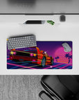 Compact 28x12 mouse pad highlights retro car and glowing grids for immersive retrowave vibes
