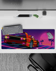 Intense 32x12 mouse pad features retro sports car and glowing sunset with intricate neon grid details