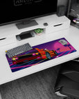 Small but impactful 32x12 mouse pad showcases retro-futuristic speed with vibrant vaporwave aesthetics