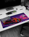 Neon grid artwork on 36x16 mouse pad captures the energy of retro-futuristic racing in stunning detail