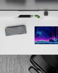 14x10 inches mouse pad featuring Neon Skyline Pulse, showcasing a neon-lit city skyline and glowing gridlines in a sleek, futuristic design.