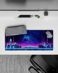28x12 inches mouse pad with Neon Skyline Pulse, showcasing a sleek city skyline and glowing gridlines beneath an electric sky.
