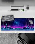 32x12 inches mouse pad with Neon Skyline Pulse, featuring a glowing city skyline and electric sky in a sleek retro-futuristic design.