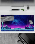 32x16 inches mouse pad with Neon Skyline Pulse, showcasing a retro-futuristic cityscape with vibrant neon lights and glowing gridlines.