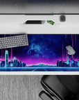 36x16 inches desk pad with Neon Skyline Pulse, blending a neon city skyline and glowing gridlines for a sleek cyberpunk aesthetic.
