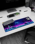 Artistic 32x12 inches mouse pad with Neon Skyline Pulse, showcasing a neon city skyline and glowing gridlines beneath a vibrant electric sky.