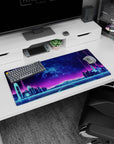 Modern 32x16 inches mouse pad featuring Neon Skyline Pulse, capturing the cyberpunk aesthetic with a neon city skyline and glowing gridlines.