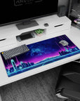 Artistic 36x16 inches desk pad with Neon Skyline Pulse, capturing the essence of a retro-futuristic city beneath a glowing electric sky.