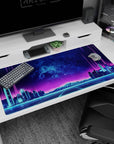 Large 40x20 inches desk pad featuring Neon Skyline Pulse, showcasing a sleek city skyline and glowing gridlines in a cyberpunk-inspired design.