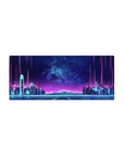Mouse pad featuring Neon Skyline Pulse, 28x12 inches, with a neon city skyline and glowing gridlines, exuding cyberpunk vibes.