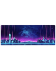 Compact 32x12 inches mouse pad with Neon Skyline Pulse, blending a neon-lit city skyline and glowing gridlines for a futuristic vibe.