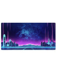 Mouse pad featuring Neon Skyline Pulse, 32x16 inches, with a neon-lit city skyline and glowing gridlines, adding a sleek, futuristic touch.