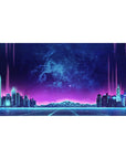 Desk pad featuring Neon Skyline Pulse, 40x20 inches, with a neon-lit city skyline and glowing gridlines beneath an electric sky.