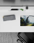 Serene 14x10 mouse pad with majestic cliffs, misty clouds, and stone arches, perfect for creating an ethereal, calming workspace
