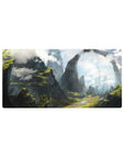 Ethereal escape 32x16 mouse pad featuring stone arches, lush terraces, and majestic cliffs, perfect for a tranquil and otherworldly workspace