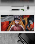 Anime mouse pad 32x16 inches featuring Asuka Langley with eyepatch and EVA Unit-02 from Evangelion, bold colors.