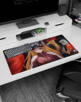Anime mouse pad 32x16 inches featuring Asuka Langley and EVA Unit-02 from Evangelion, with bold reds and purples.
