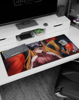 Anime mouse pad 36x16 inches featuring Asuka Langley with eyepatch, EVA Unit-02, in deep reds and muted purples from Evangelion.
