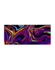 Mouse pad featuring swirling neon hues, 28x12 inches, with electric purples, fiery reds, and luminous yellows for a vibrant, energetic look.