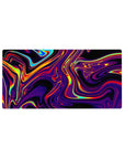 Mouse pad featuring swirling neon hues, 32x16 inches, with electric purples, fiery reds, and luminous yellows for a futuristic, vibrant look.