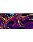 Mouse pad featuring swirling neon hues, 36x16 inches, with electric purples, fiery reds, and luminous yellows for a bold, captivating vibe.