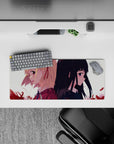 Moody romance anime mouse pad 28x12 inches in soft cream light with drifting crimson petals.
