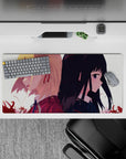32x16 inches anime girl mouse pad in soft cream light with crimson petals, moody romantic vibe.