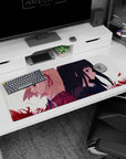 Two anime schoolgirls back-to-back desk pad 36x16 inches, blonde with red ribbon and black hair, violet eyes.