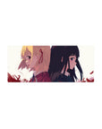 Anime girl mouse pad 28x12 inches with two schoolgirls back to back, ribbons, ties, and petals.
