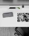 14x10 inches classic anime mouse pad in high-contrast black and white, loud hype mood with chaotic action lines.
