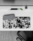 28x12 inches anime mouse pad in stark black-and-white, high-energy speed-line chaos and crisp contrast.