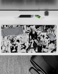 32x16 inches anime mouse pad in stark black-and-white, high-contrast hype mood with chaotic speed lines.