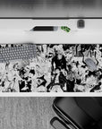High-contrast black-and-white anime desk pad 36x16 inches, loud hype-panel vibe with sharp whites.