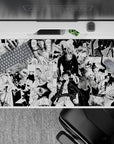 40x20 inches anime desk pad in stark black and white, high-contrast hype energy with chaotic speed lines.