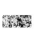 28x12 inches anime mouse pad with manga collage of heroes vs monsters, speed lines, bold ink panels.
