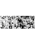 32x12 inches anime mouse pad with manga collage of heroes vs monsters, speed lines, bold ink panels.