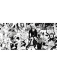 Manga-style anime desk pad 36x16 inches with collage of heroes and monsters, speed lines, bold inks.