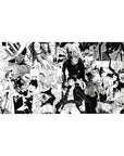 40x20 inches anime desk pad with manga collage, heroes vs monsters, speed lines, bold ink panel layout.
