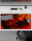 32x16 inches mouse pad showcasing Guts in the flames, with fiery red and orange swirls capturing the chaos and fury of the Berserker Armor, ideal for your workspace.
