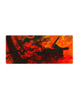 Mouse pad featuring Guts in the heart of flames, with intense red and orange swirls, 28x12 inches, perfect for igniting your desk with energy and fury.