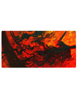 Mouse pad featuring Guts in the Berserker Armor surrounded by fiery red and orange swirls, 32x16 inches, perfect for bringing intensity and passion to your desk.