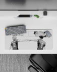 28x12 inches black-and-white anime mouse pad with crisp linework and intense, quiet teamwork vibe.