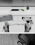 Black-and-white manga linework desk pad with intense teamwork vibe and sharp panels, 36x16 inches.