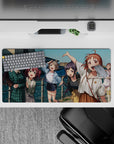 Teal ocean and bright sky anime girl mouse pad 32x16 inches, happy goofy energy with cozy plaid outfits.