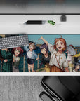 Teal ocean and bright sky anime girl desk pad 36x16 inches, cheerful weekend vibe with winks and grins.