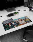 Anime girl mouse pad 32x12 inches showing a girl waving and another winking in a beach snapshot scene.