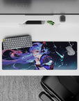 32x12 inches desk mouse pad in electric midnight blues with neon sparks, dreamy highlights, and a winking vibe.