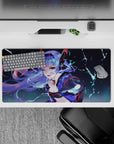 32x16 inches anime mouse pad in electric midnight blues and purples, spark streaks, sleek neon vibe.