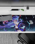 Midnight blue and neon lightning anime desk pad 36x16 inches, lavender hair, electric cyber mood.