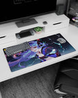 32x16 inches desk mat showing lavender-haired anime girl winking under lightning, jacket off shoulder and choker gem.
